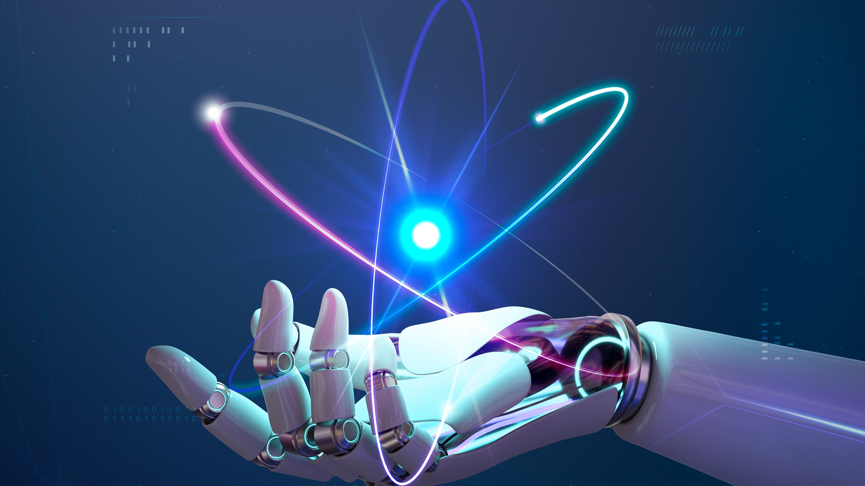 Robot holding visual representation of an atom 