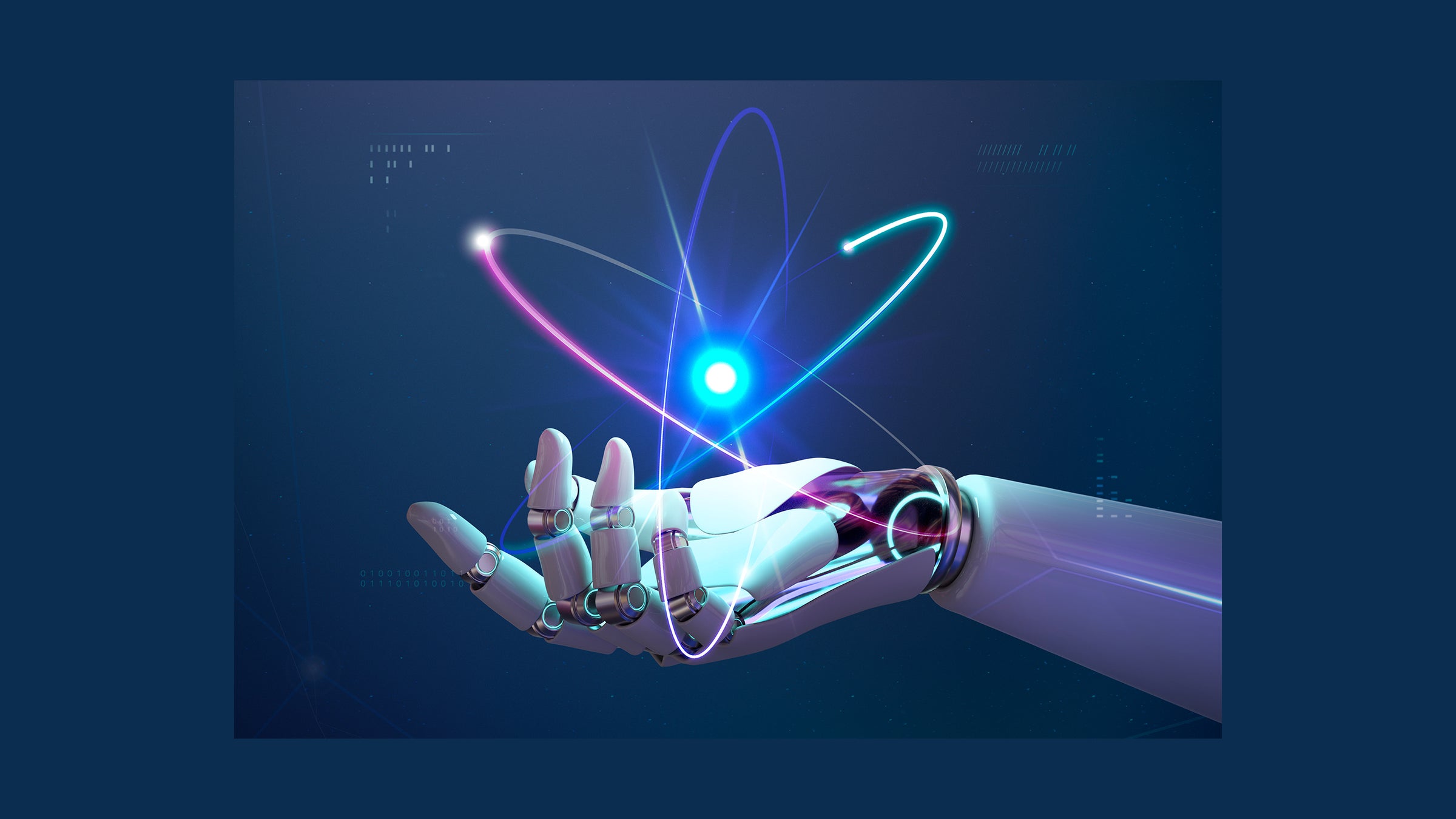 Robotic hand holding representation of an atom