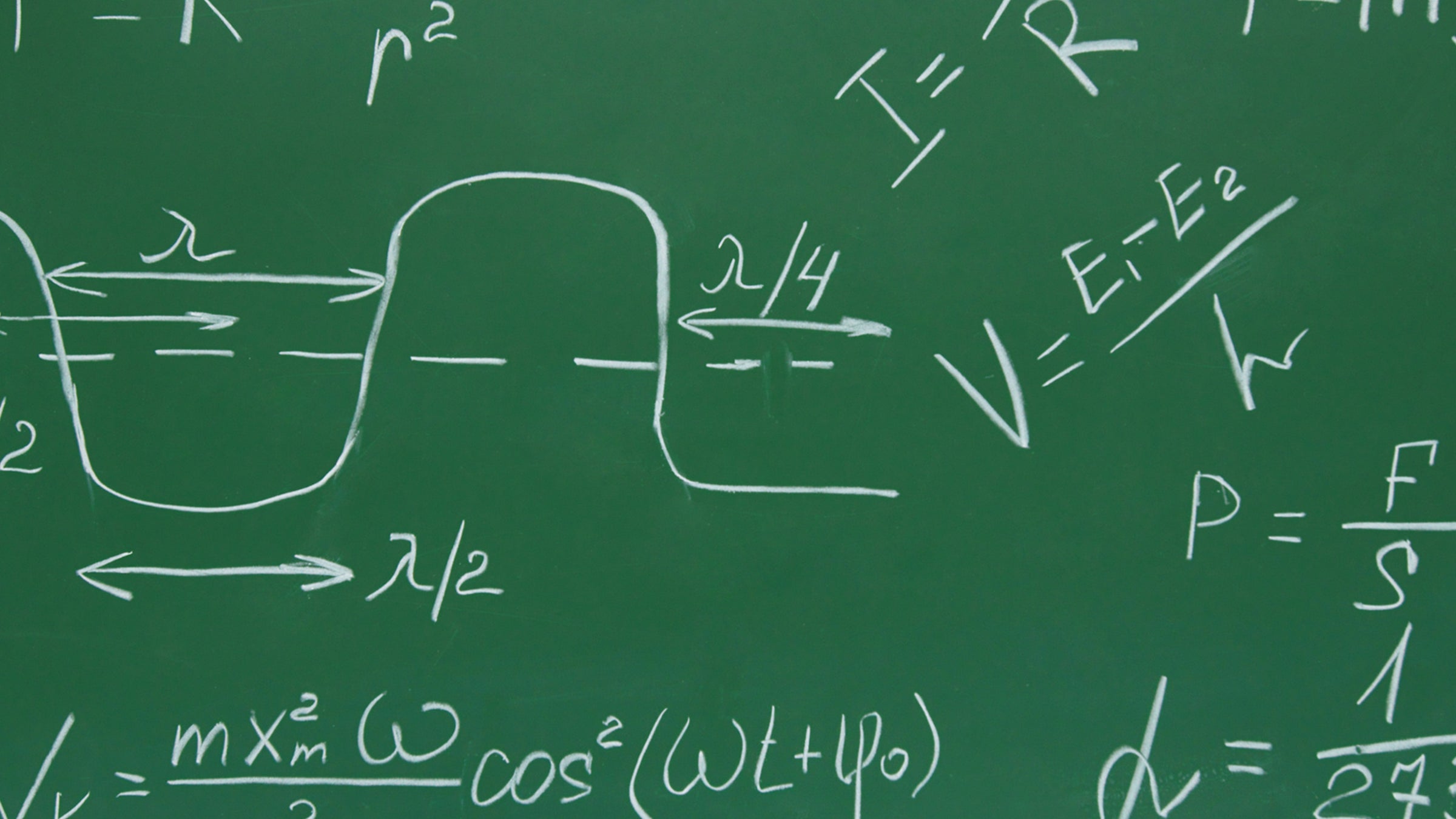 green chalkboard showing equations representing physics
