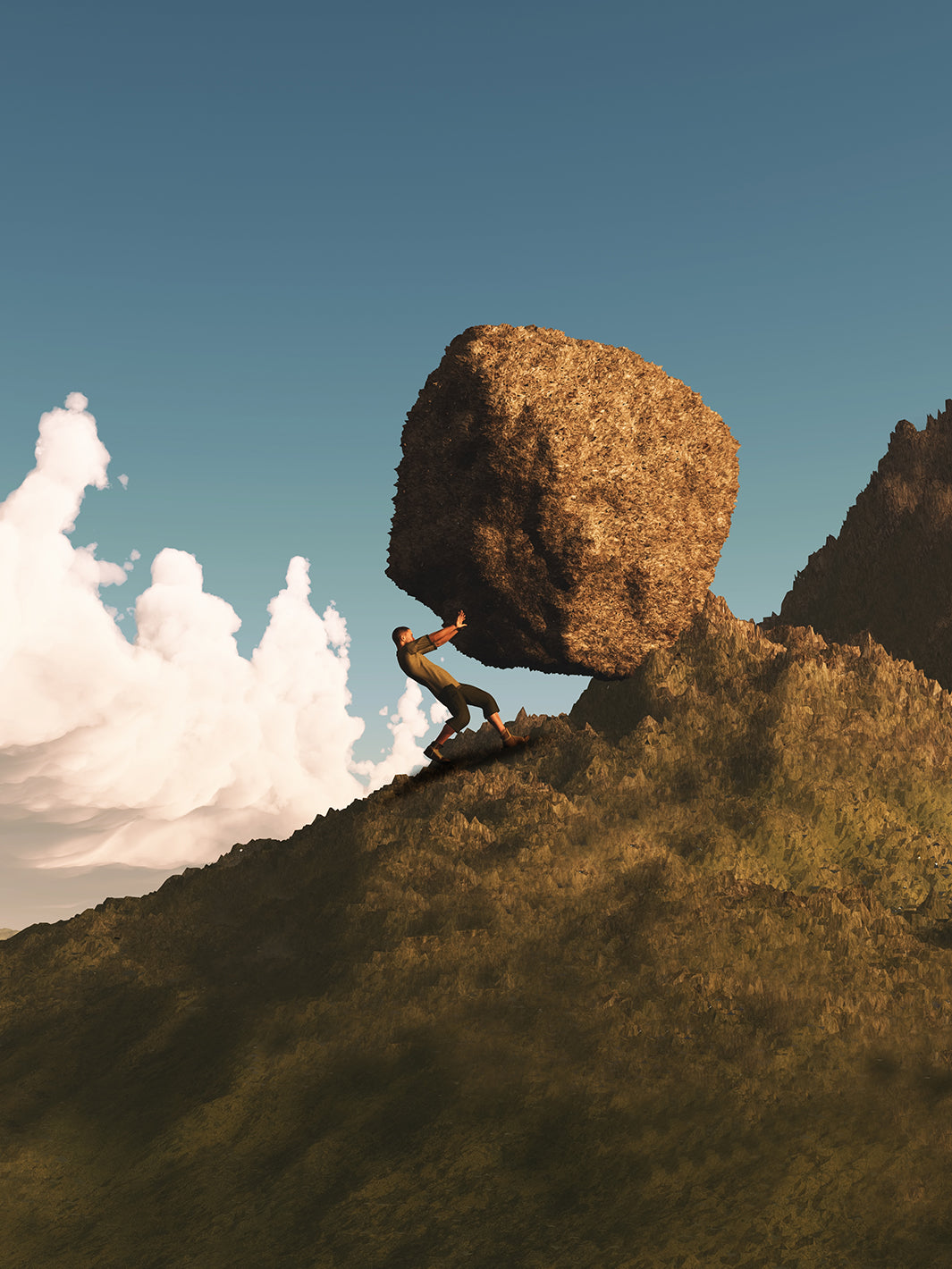 man pushing rock up a mountain