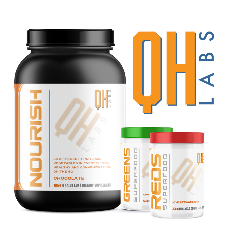 Assortment of QHLabs supplements and the QHLabs logo